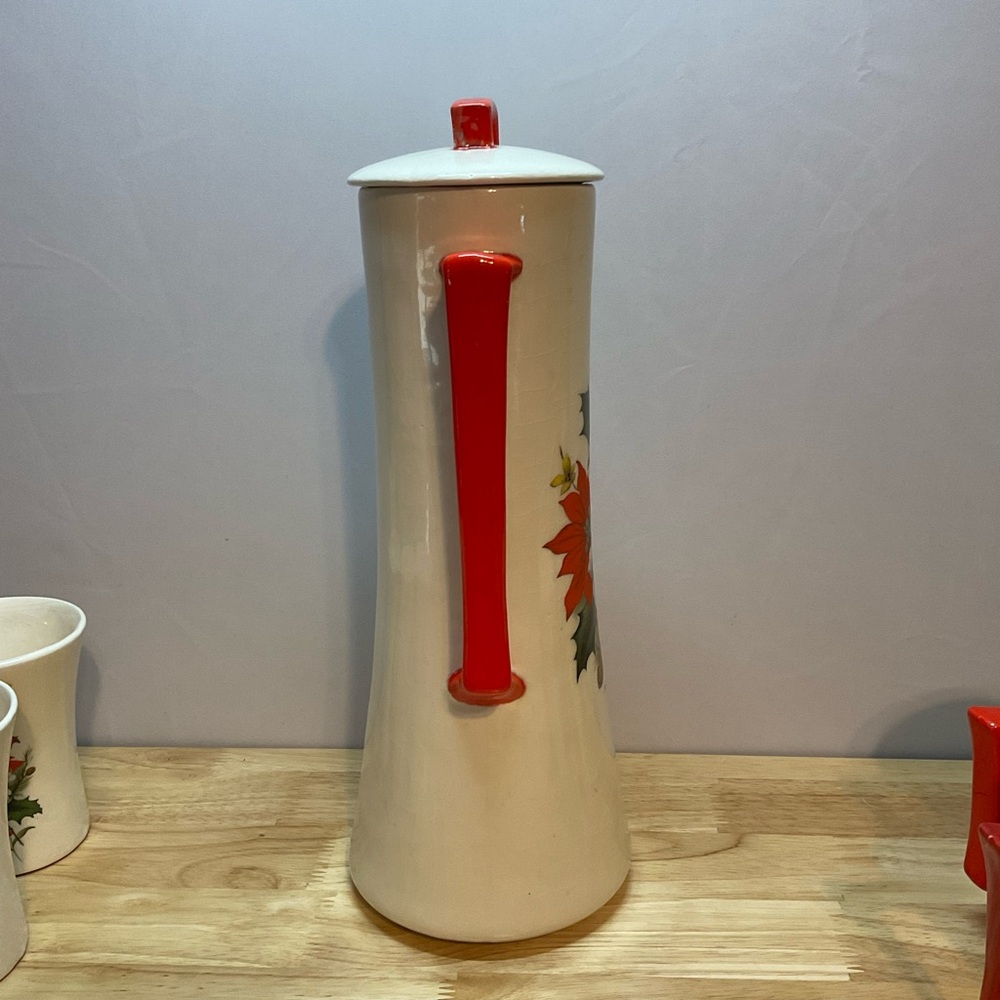 🎄Vintage MCM Arners Poinsettia Flower Christmas Chocolate Pot & 5 Matching Mugs - Picture 8 of 14